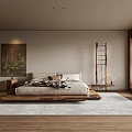 Modern Bedroom Interior Design With Wooden Bed Area Rug Ladder Artwork And Wooden Floor