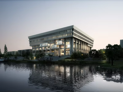 Modern Library Building by the Lake with Water Reflection Surrounded by Trees in Evening Light 3d model