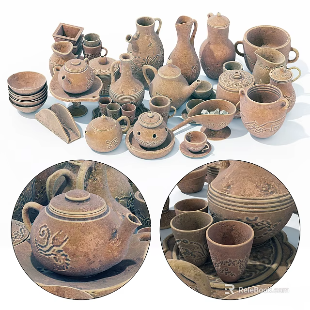 Handcrafted Clay Tableware Set with Teapots Cups Bowls and Plates Traditional Rustic Design 3d model 