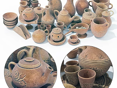 Handcrafted Clay Tableware Set with Teapots Cups Bowls and Plates Traditional Rustic Design 3d model