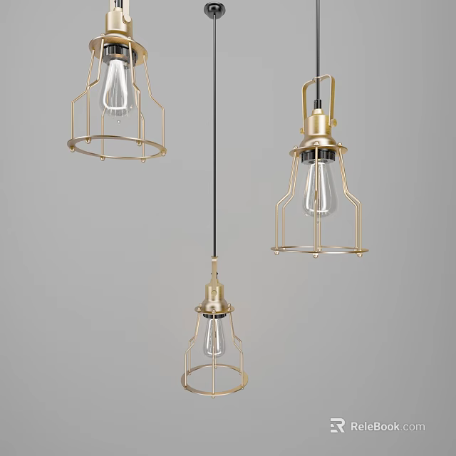 Modern Brass Cage Pendant Lights With Exposed Bulbs On Neutral Background 3d model 