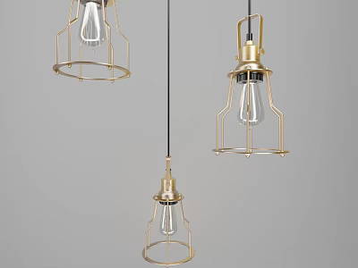 Modern Brass Cage Pendant Lights With Exposed Bulbs On Neutral Background 3d model