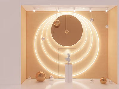Modern Window Display with Circular Neon Lights Concentric Circles Gold Silver Spheres White Pedestal and Spotlights 3d model