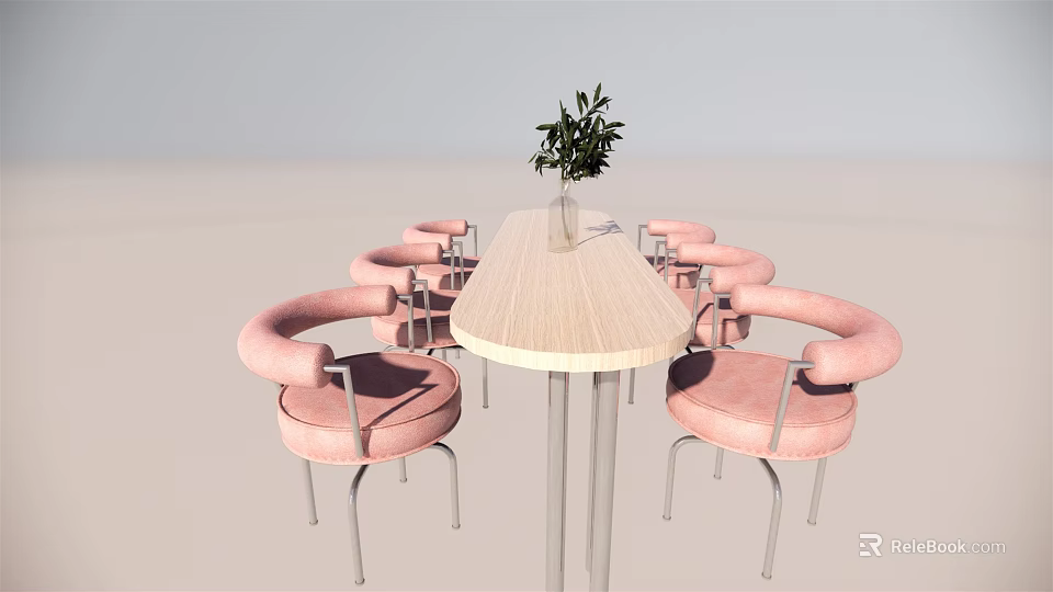 Stylish Bar Counter With Wooden Tabletop Pink Cushioned Chairs And Green Plant 3d model 
