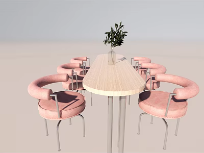 Stylish Bar Counter With Wooden Tabletop Pink Cushioned Chairs And Green Plant 3d model