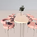 Stylish Bar Counter With Wooden Tabletop Pink Cushioned Chairs And Green Plant