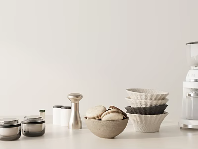 Modern Minimalist Kitchenware Collection Featuring Bowls Jars Pepper Grinder And Coffee Machine On White Countertop 3d model