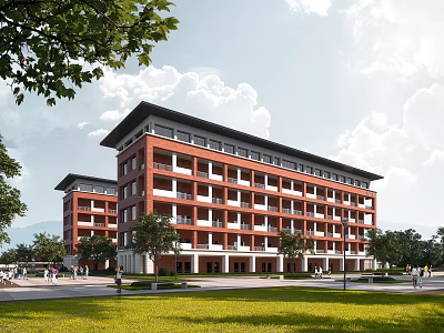 Red Brick Multistory School Building With White Windows Green Trees And Lawn Under Blue Sky 3d model