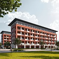 Red Brick Multistory School Building With White Windows Green Trees And Lawn Under Blue Sky