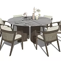 Elegant Round Dining Table Set With Marble Top Dark Wood Legs And Six Woven Chairs