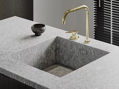 Modern Grey Stone Washbasin Interior With Brass Faucet And Small Decorative Bowl 3d model