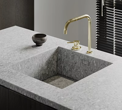Modern Grey Stone Washbasin Interior With Brass Faucet And Small Decorative Bowl 3d model