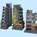 Futuristic Cyberpunk Cityscape Featuring Tall Industrial Buildings With Antennas And Ground Level Shops