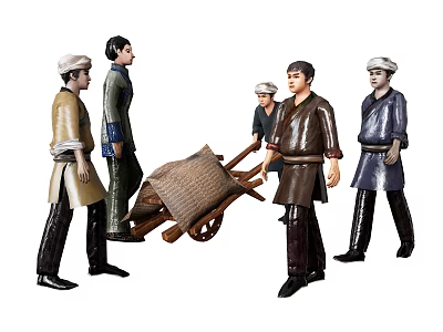 Group Of People In Traditional Attire With A Wooden Wheelbarrow 3d model