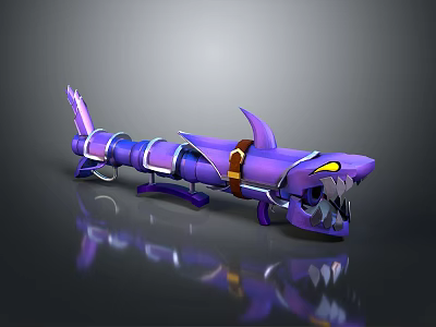 Purple Shark Shaped Weapon With Sharp Teeth Yellow Eyes And Belt Design 3d model