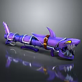 Purple Shark Shaped Weapon With Sharp Teeth Yellow Eyes And Belt Design