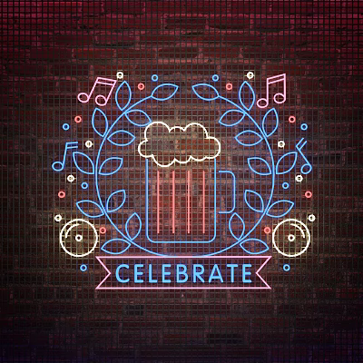 Neon Decorative Lights with Beer Mug Laurel Wreath Music Notes and Celebrate on Brick Wall 3d model