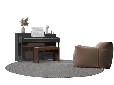 Instrument and Art Supplies Collection with Black Piano Music Sheet Microphone Vase and Gray Rug 3d model