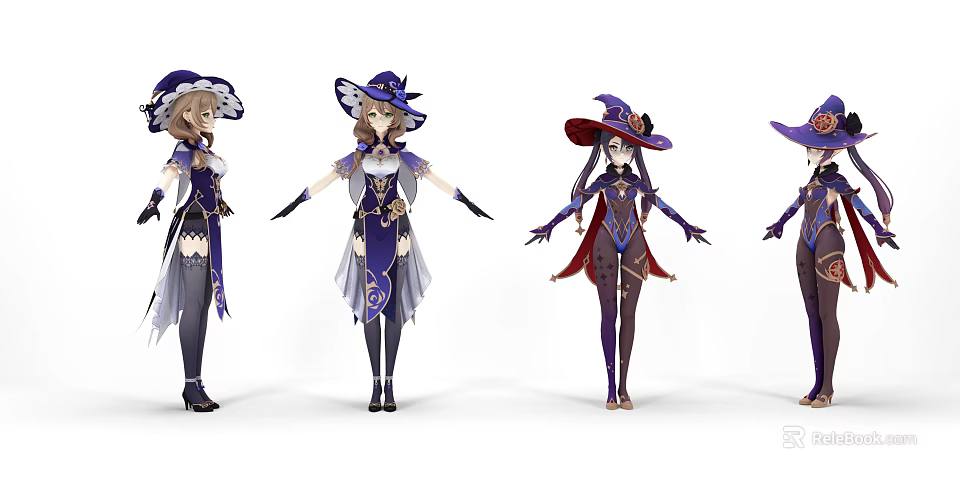 Game Movie Witch Style Characters In Purple Blue Outfits With Hats And Anime Designs 3d model 