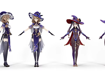 Game Movie Witch Style Characters In Purple Blue Outfits With Hats And Anime Designs 3d model