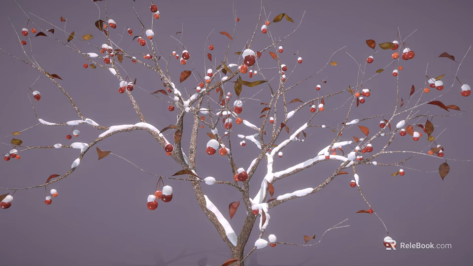 Red Fruits on Snow Covered Tree Branches with White Snow Accents and Fresh Berries 3d model 