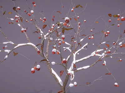 Red Fruits on Snow Covered Tree Branches with White Snow Accents and Fresh Berries 3d model