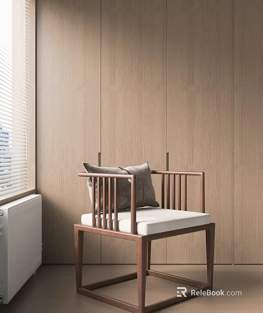 Leisure Chair With Wooden Frame White Cushion Gray Pillow Against Wooden Wall And Window Blinds 3d model 