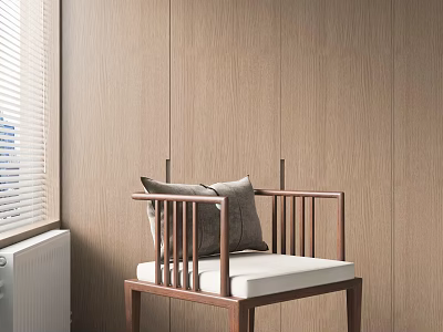 Leisure Chair With Wooden Frame White Cushion Gray Pillow Against Wooden Wall And Window Blinds 3d model