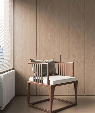 Leisure Chair With Wooden Frame White Cushion Gray Pillow Against Wooden Wall And Window Blinds 3d model