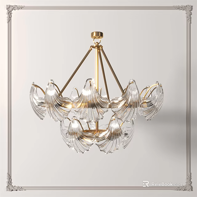 Elegant Crystal Chandelier With Gold Frame And Leaf Shaped Glass Shades 3d model 
