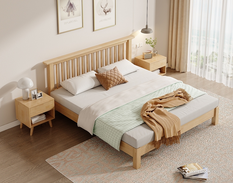 Natural Wooden Double Bed With Simple Headboard Bed Sheets Blanket And Cozy Nightstands Table Lamps 3d model 
