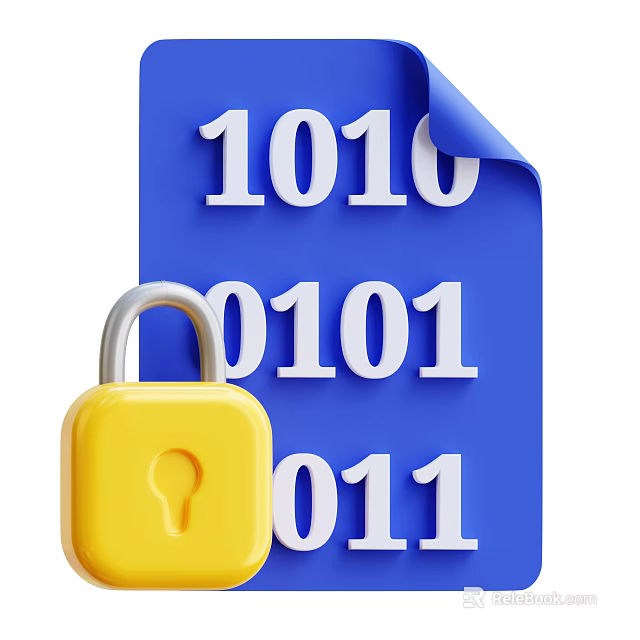 Binary Numbers on Blue Paper with Yellow Padlock in Foreground View 3d model