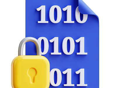 Binary Numbers on Blue Paper with Yellow Padlock in Foreground View 3d model
