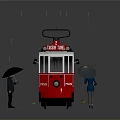 Red Tram With 101 Sign On Tracks Under Overhead Wires And Person With Umbrella