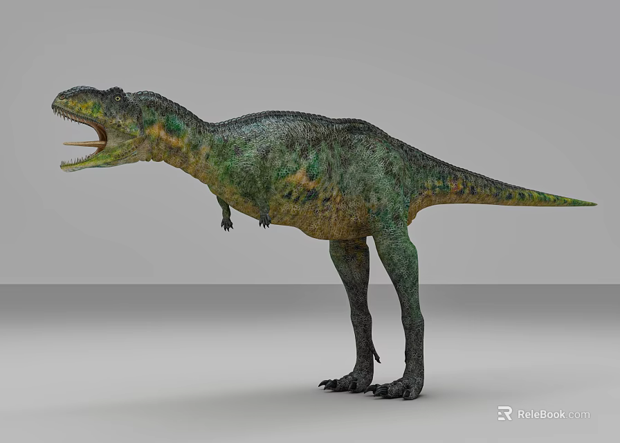 Realistic Reptile Dinosaur With Green Yellow Skin Standing Open Mouth Pose 3d model 