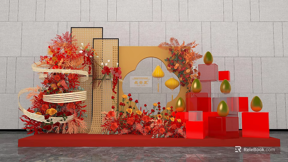 Elegant Decorative Setup With Red Gold Floral Displays And Geometric Elements 3d model