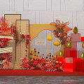 Elegant Decorative Setup With Red Gold Floral Displays And Geometric Elements 3d model