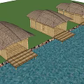 Wooden Pergola With Thatched Roof Illuminated By Waterfront Trees And Water Reflection At Night
