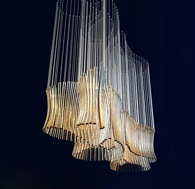 Modern Crystal Chandelier With Slender Pendants And Streamlined Glistening Design Against Dark Background 3d model
