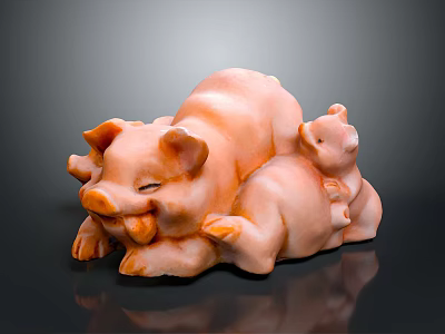Pink Pig Sculpture Featuring Mother and Baby Pigs with Smooth Glossy Surface on Dark Background 3d model