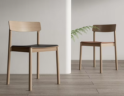 Simple Design Wooden Dining Chairs With Black Brown Seats And Green Plant In Light Space 3d model