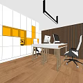 Modern Public Office Space With Open Layout Wooden Flooring Black Chairs And Yellow Pendant Lights