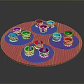 Multiple Colorful Animal Figurines Arranged On Red Blue Circular Base