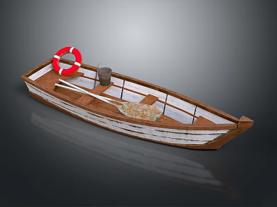 Traditional Wooden Boat With Red Lifebuoy Bucket And Oars For Water Transport 3d model
