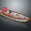 Traditional Wooden Boat With Red Lifebuoy Bucket And Oars For Water Transport