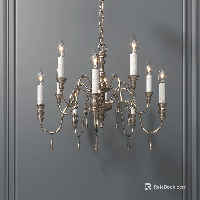 Classical Style Chandelier With Candle Shaped Lights And Metal Frame Against Gray Wall 3d model 
