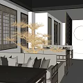 Modern Restaurant Interior With Wooden Slat Partition Staircase And Pendant Lights