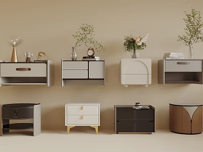 Modern Bedside Tables In Various Styles With Decorative Plants And Ornaments 3d model