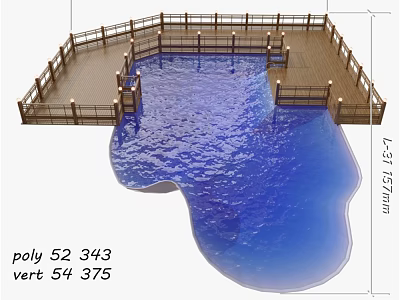Outdoor Architectural Component With Wooden Deck Fence Railing And Pool Area Lighting 3d model