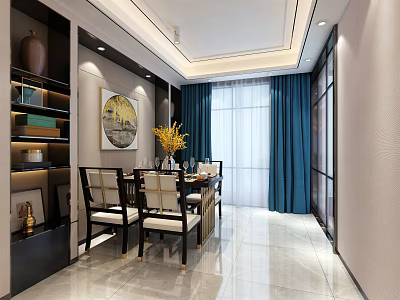 Elegant Modern Dining Room With Wooden Table Chairs Blue Curtains Decorative Painting And Marble Flooring 3d model